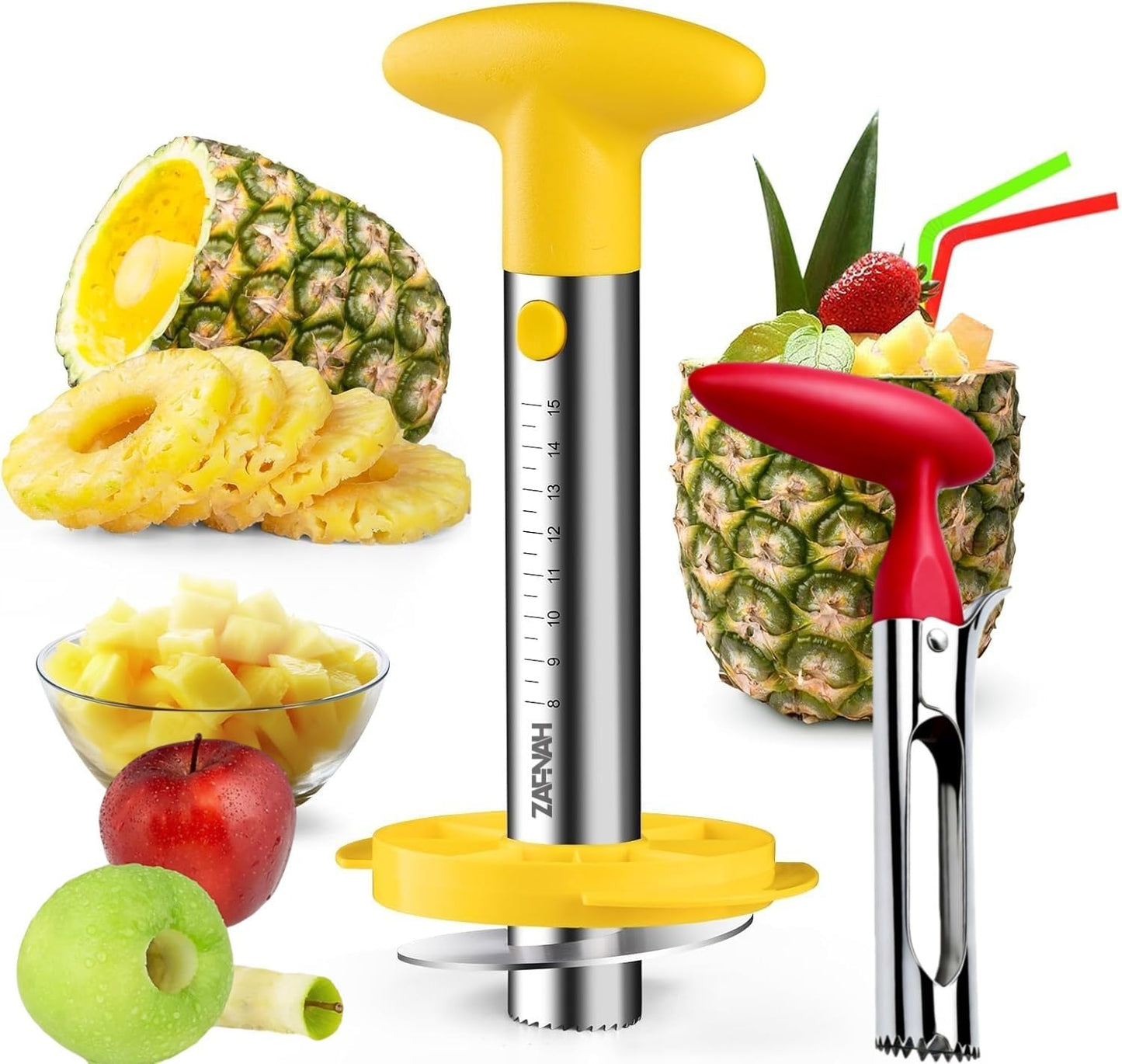Pineapple Corer and Slicer Tool, Pineapple Cutter and Corer, Stainless Steel Pineapple Peeler, Easy Pineapple Core Remover Decorer, Eye Removal Tool, Pelador De Piña (Black with Measure Marks)