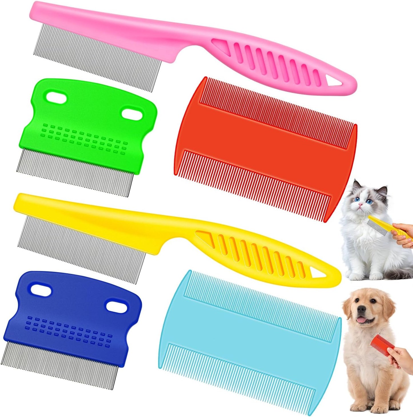 6 Pack Flea Lice Comb Stainless Steel Dog Cat Grooming Combs with Rounded Teeth, Double Sided Pet Tear Stain Remover Dematting Tool for Pets(White, Yellow, Green, Purple, Orange, Dark Blue)