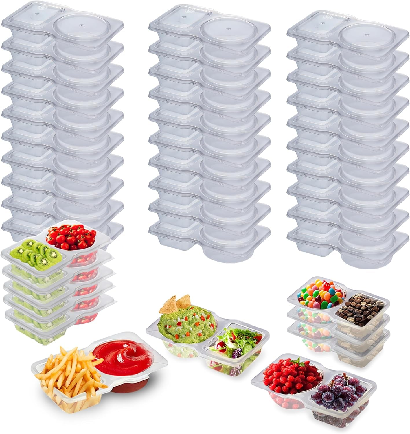 15 Sets Snack Containers, Reusable Double 2 Compartment Condiment with Lids for Sauces Dipping,Disposable and Ideal on the Go or Grab to Pack