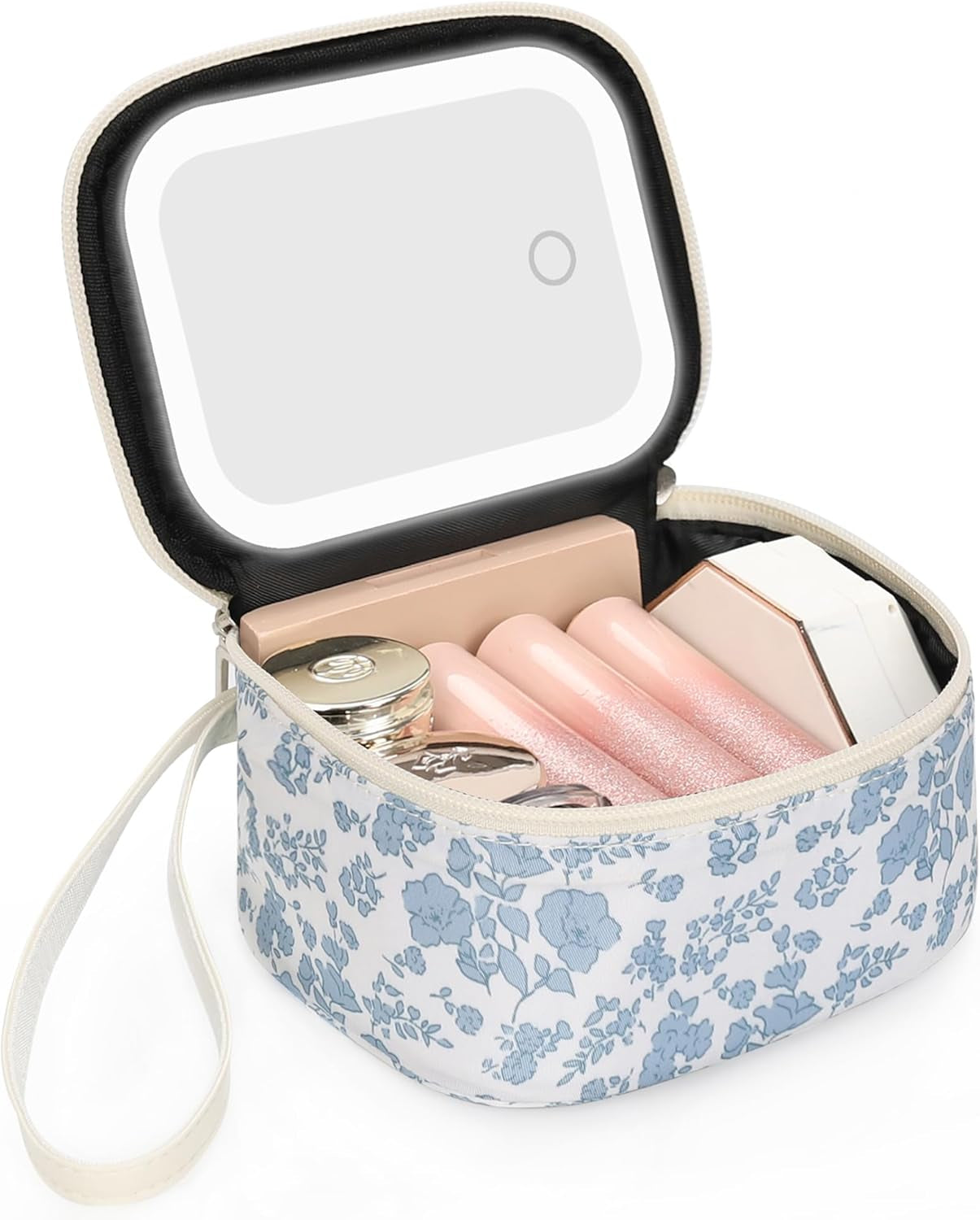 Mini Makeup Bag with Led Mirror, Small Cosmetic Bag with 3 Light Modes, Rechargeable Portable Makeup Pouch with Hands-Free Wrist Strap for Pool Parties丨Work Touch-Ups丨Travel - Black