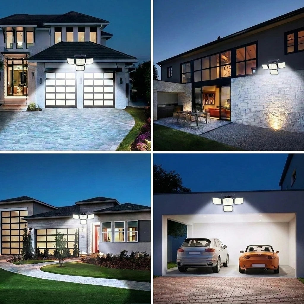 4-Head Solar Motion Sensor Outdoor Light | 360° Wide Angle Security Floodlight