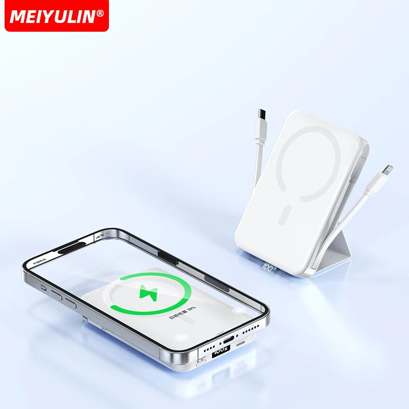 10000mAh Magnetic Wireless Power Bank with Built in Cables and Fast Charging Stand