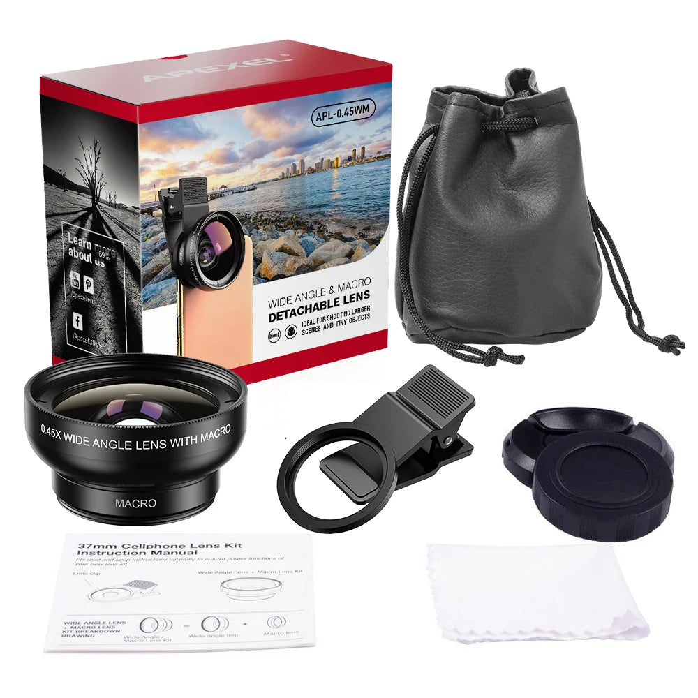 APEXEL 2-in-1 Phone Lens Kit – 0.45x Wide Angle & 12.5x Macro HD Camera Lens for Smartphones
