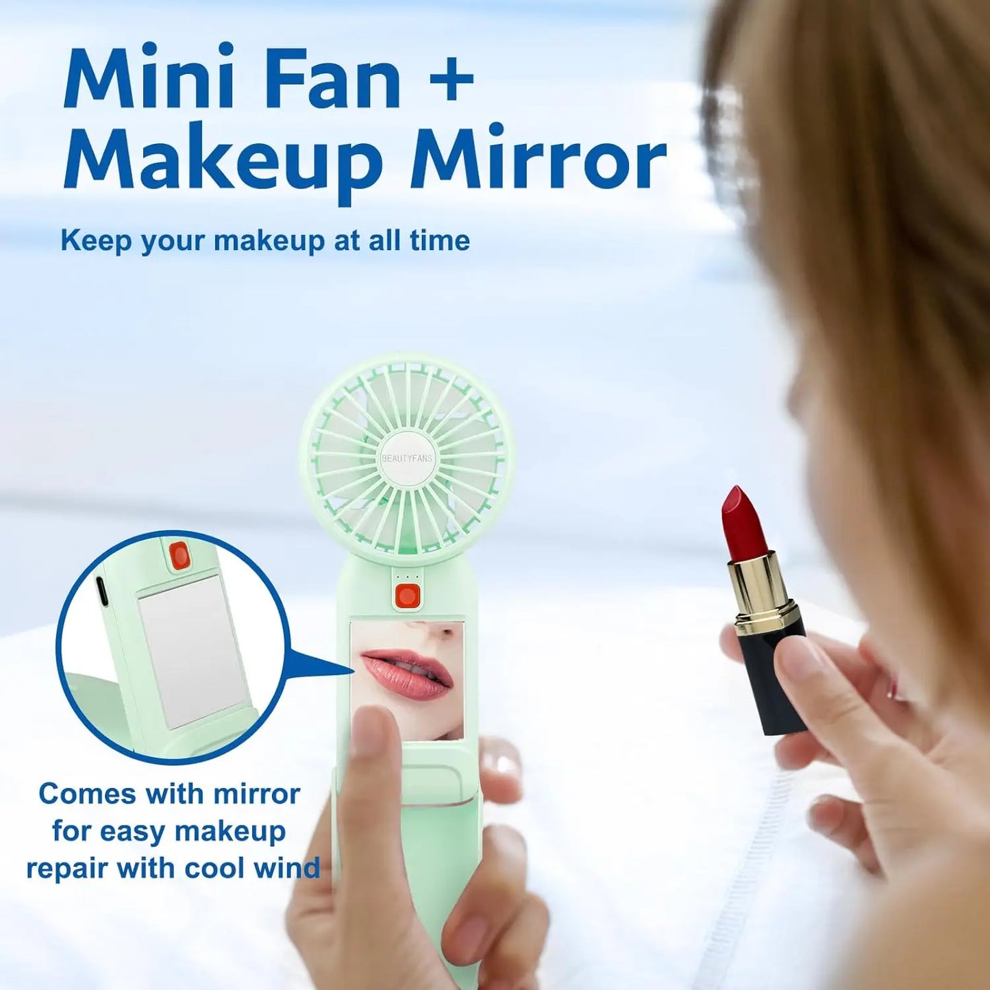 Portable Mini Handheld Fan with Mirror – USB Rechargeable 4-Speed Desk & Travel Fan