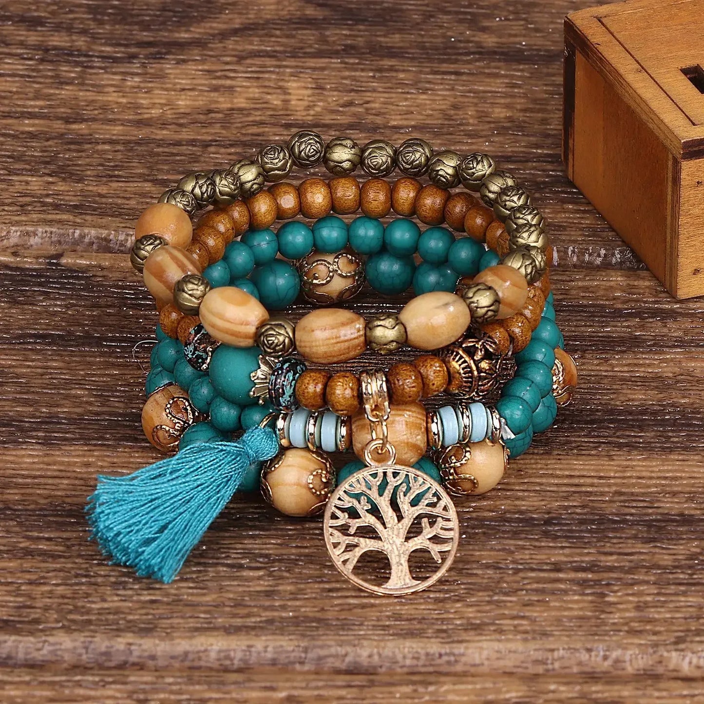 4Pcs/Set Boho Wooden Beaded Bracelet Set For Women Tree Of Life White Tassels Charm Elastic Chain Bangle Men Bohemia Jewelry