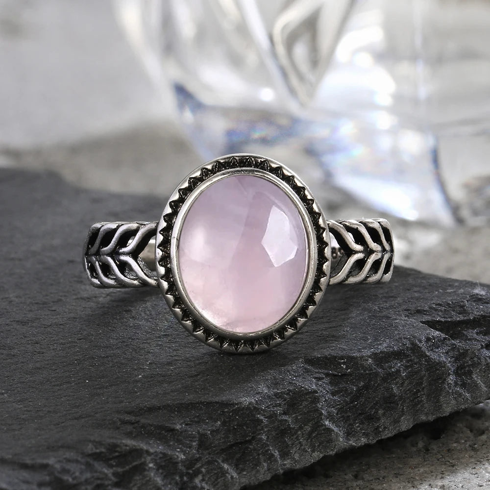 Vintage S925 Sterling Silver Ring Oval Round Natural Rose Quartz Ring Pink Stone Sun Shaped Retro Silver Fine Jewelry For Women