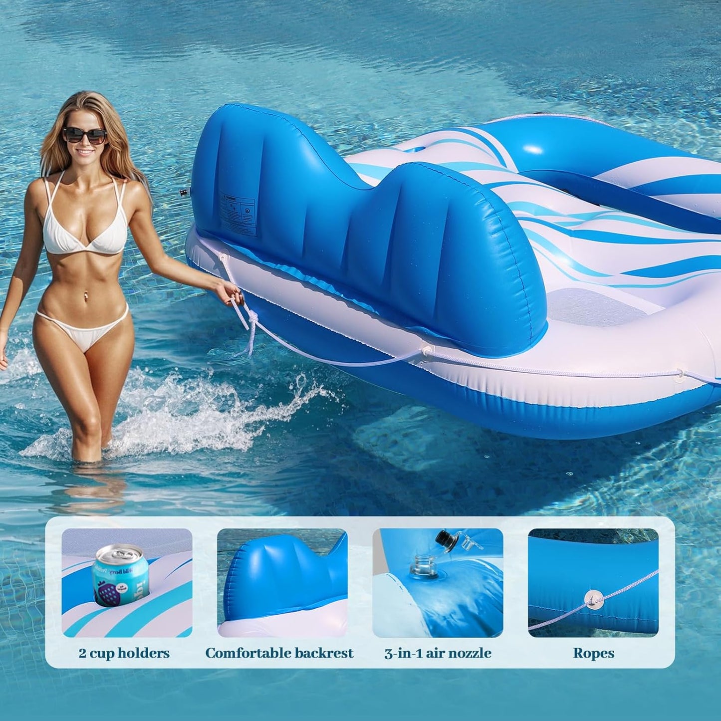 Pool Float for Adults – Extra Large Inflatable Tanning Pool Float with Backrest, Footrest & 2 Cup Holders, Heavy Duty Float Lounger for Pool, Lake, River