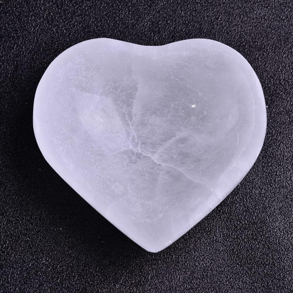 5.5" Hand Carved Selenite Bowl Heart Shape Moroccan Selenite Crystals for Cleansing, Charging, Decoration or Gift