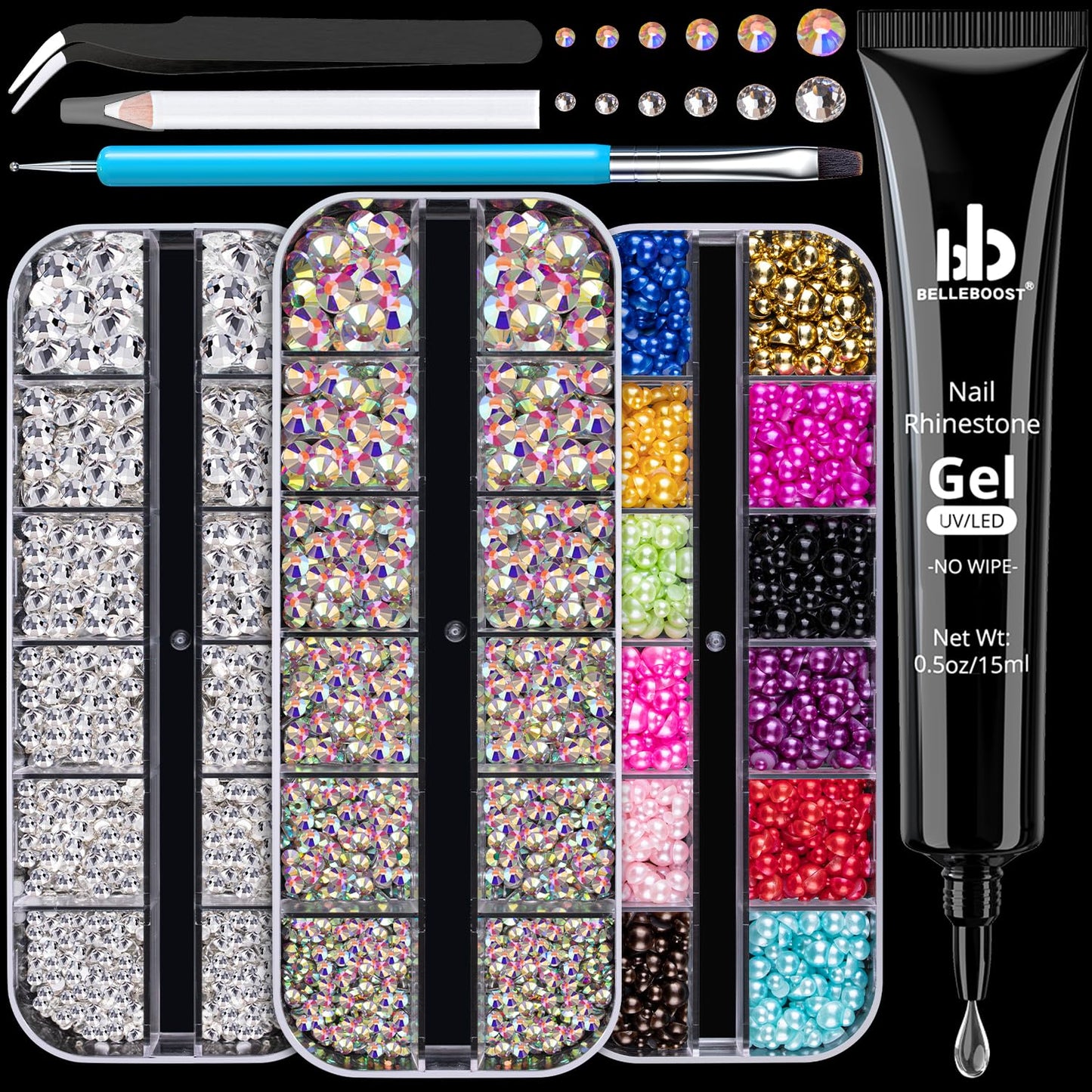 Nail Art Rhinestone Kit, 15Ml Rhinestone Gel Glue+Colorful Gems+Flatback Glass Crystal Ab&Clear Gemstones with Pickup Tools for Bedazzling Nail and Face Makeup