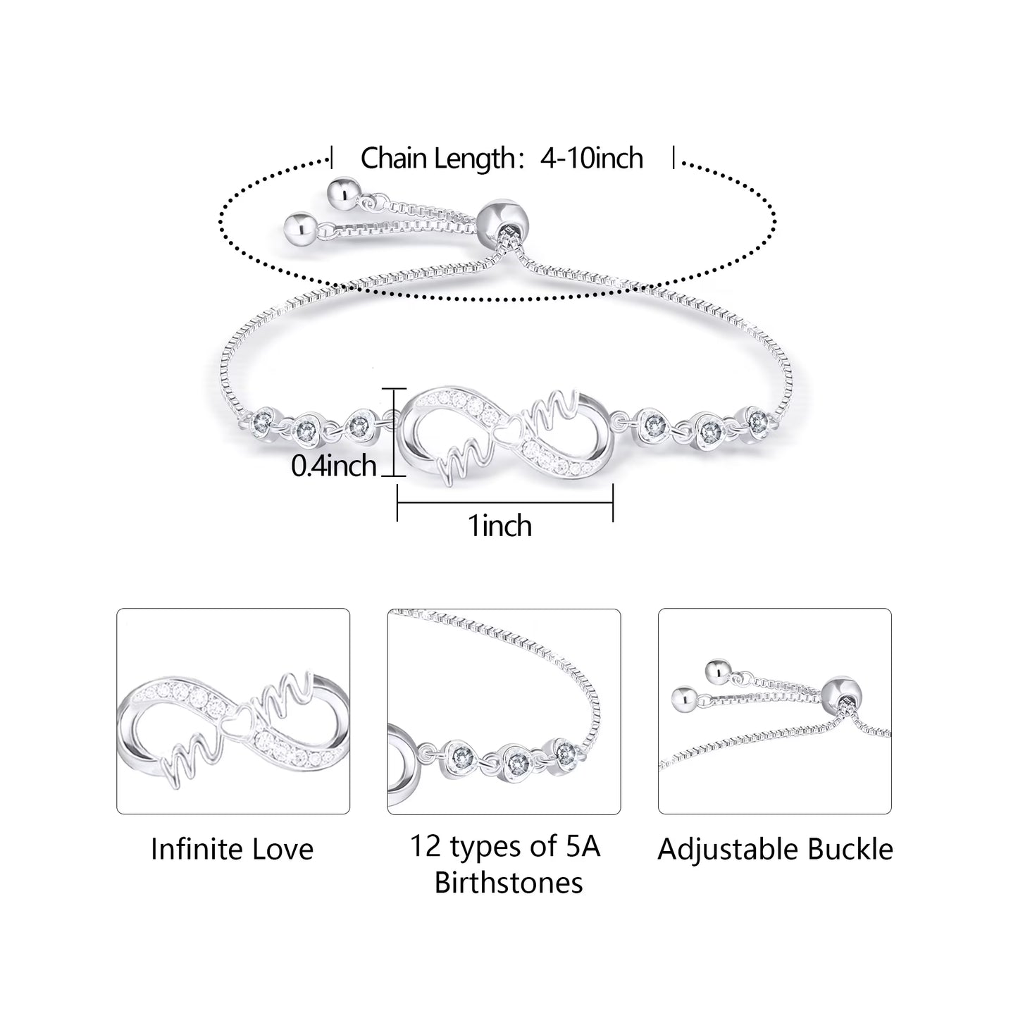 S925 Sterling Silver Plated Infinite Love Heart Mom Bracelets for Mom Mother Mama CZ April Birthstone Bracelet with CZ Crystal Birth Birthday Mother'S Day Jewelry Gifts for Her