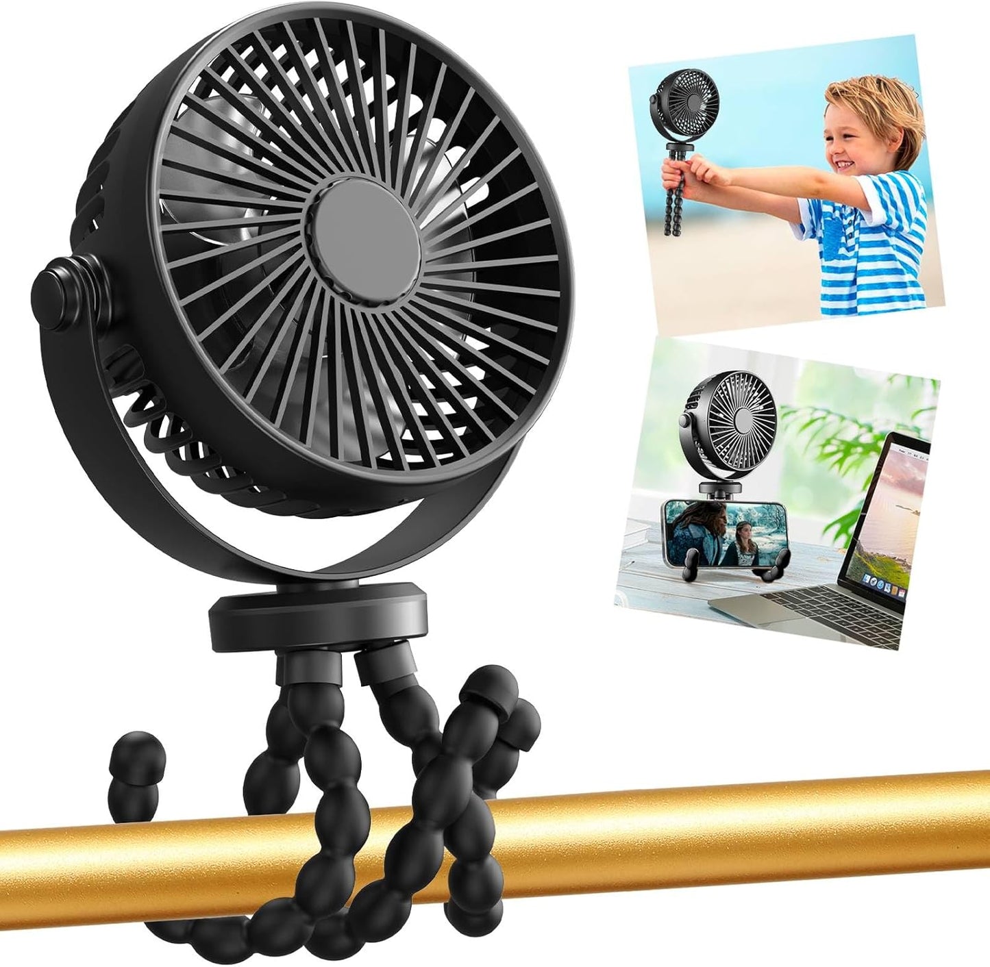 Mini Portable Stroller Fan, 3000Mah Battery Operated Personal Small Handheld Fan with Flexible Tripod, 360° Rotate 3 Speed Rechargeable Clip on for Car Seat Crib Treadmill Travel Camping