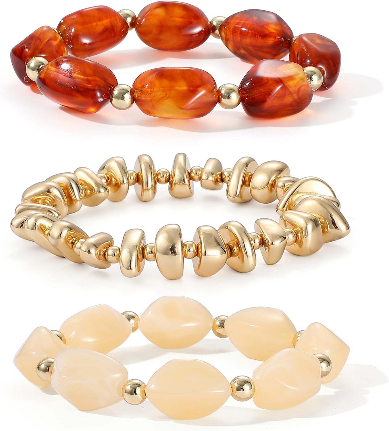 Simple Beaded Gold Plated Bangles Bracelet Chunky Bamboo Tube Curved Stacking Clear Acrylic Colorful Beads Stretchable Gold Plated Bracelets Set for Women