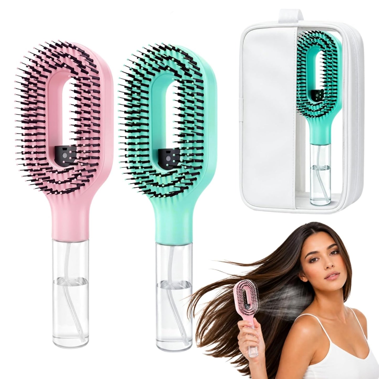 Hair Brush with Water Spray, 2-In-1 Misting Detangler for Wet Dry Curly Hair, Liquid Spraying Styling Tool with Refillable Bottle and Waterproof Storage Bag, Portable Travel Hairbrush Set, Blue