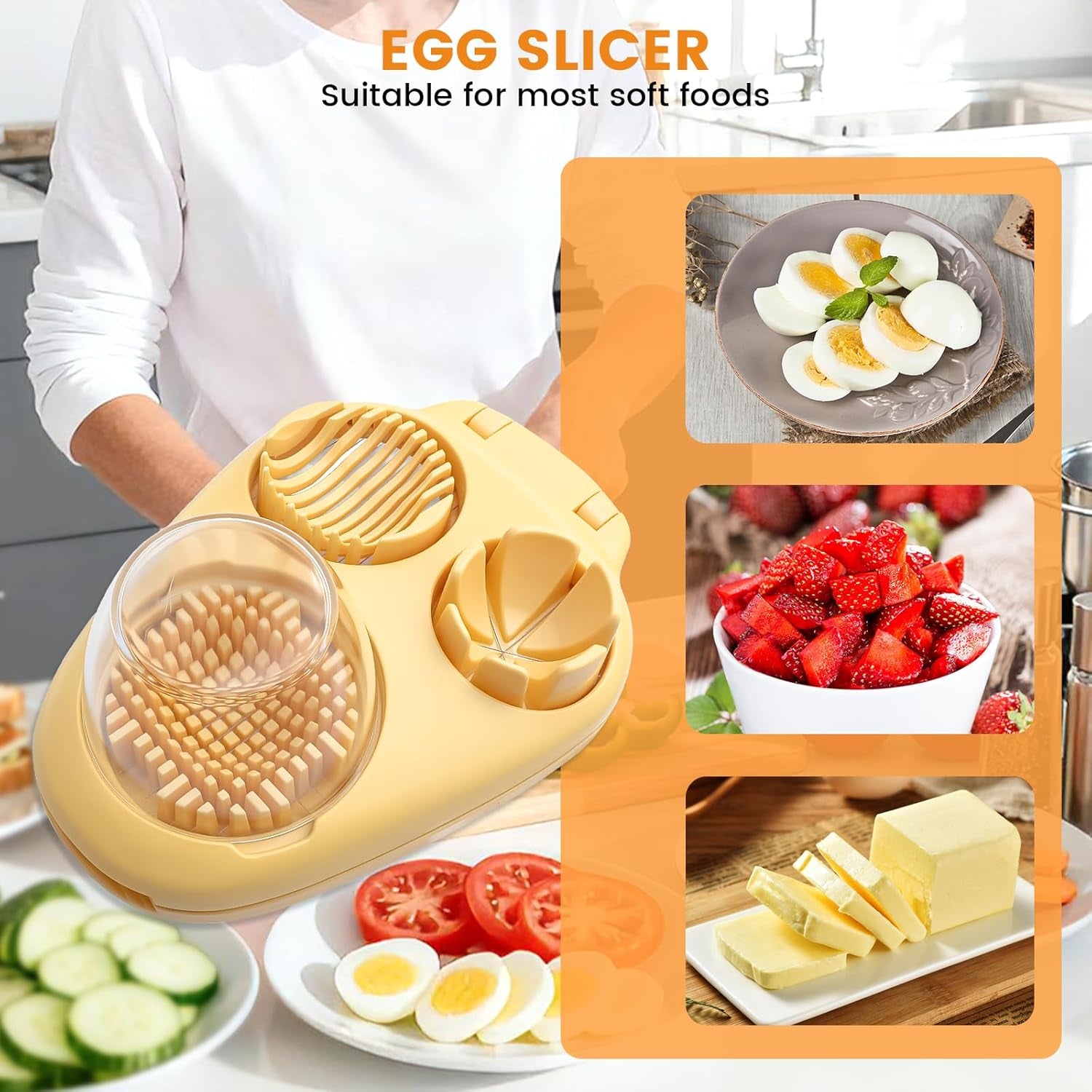 3 in 1 Boiled Egg Slicer, Stainless Steel Egg Slicer for Hard Boiled Eggs, 3 Slice Modes, Hard Boiled Egg Cutter & Fruit Slicer for Egg, Strawberry, Tomato