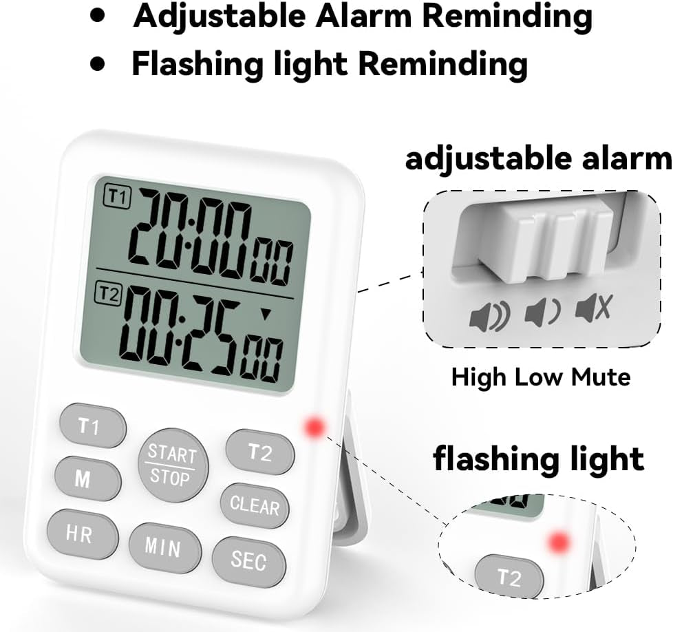 Dual Kitchen Timer Digital - 2 Channel for Cooking with Loud Adjustable Alarm, Magnetic Back and Stand, Battery Operated for Baking, BBQ, Study, and Exercise