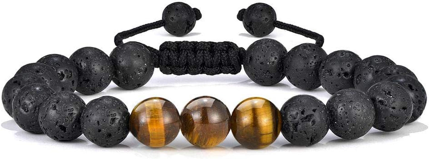 Fathers Day Gift Mens Bracelet - Beaded Natural Stone 8Mm Tiger Eye Matte Agate Lava Rock Bracelets for Men Teen Boys Grandpa Dad Birthday Gifts Jewelry