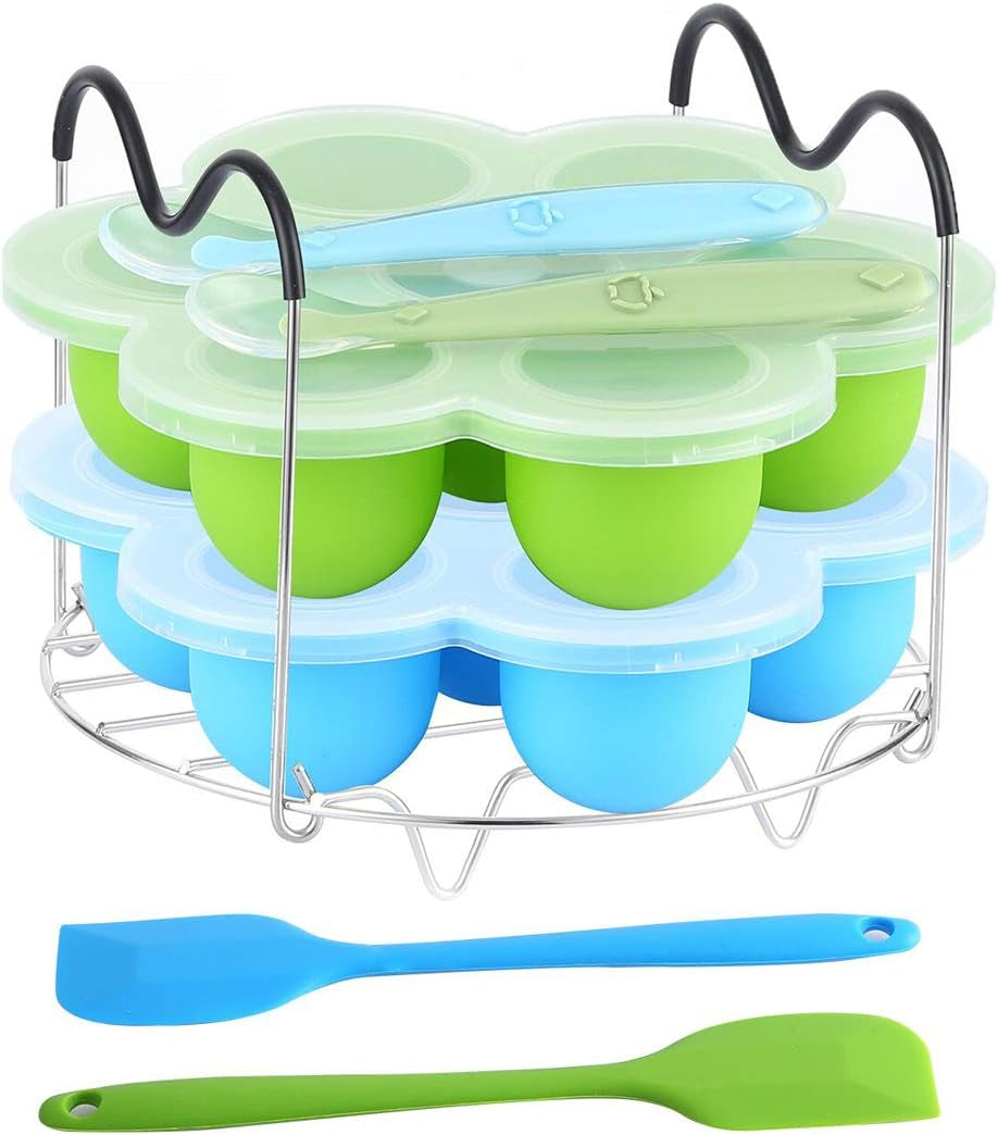 Silicone Egg Bites Molds and Steamer Rack Trivet with Heat Resistant Handles Fit Instant Pot Accessories, 7Pcs Set for 6Qt & 8Qt Electric Pressure Cooker with 2 Spoons and Silicone Spatula