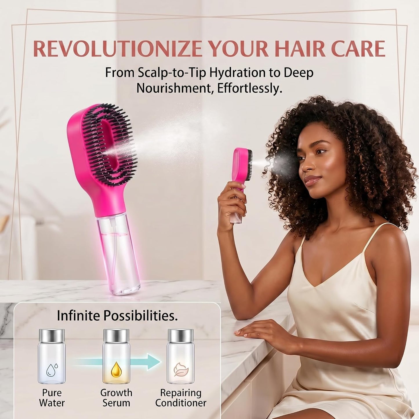 Hair Refresh Spray Brush, 2-In-1 Detangling Hairbrush with Fine Mist Sprayer, Instant Morning Hair Fix, No-Wash Styling Tool, Anti-Frizz & Static Control, Portable for Travel Gym Office