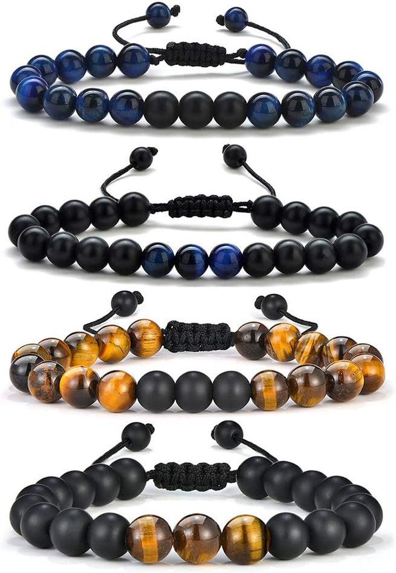 Fathers Day Gift Mens Bracelet - Beaded Natural Stone 8Mm Tiger Eye Matte Agate Lava Rock Bracelets for Men Teen Boys Grandpa Dad Birthday Gifts Jewelry