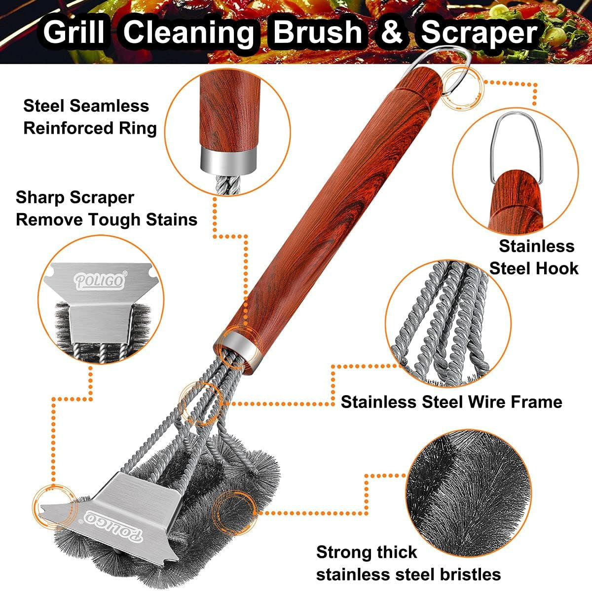 BBQ Brush for Grill Cleaning Safe Grill Brush and Scraper with Deluxe Handle - 18" Grill Cleaner Brush Stainless Steel Bristle Grill Brush for Outdoor Grill Wizard Grate - Ideal Grilling Gifts