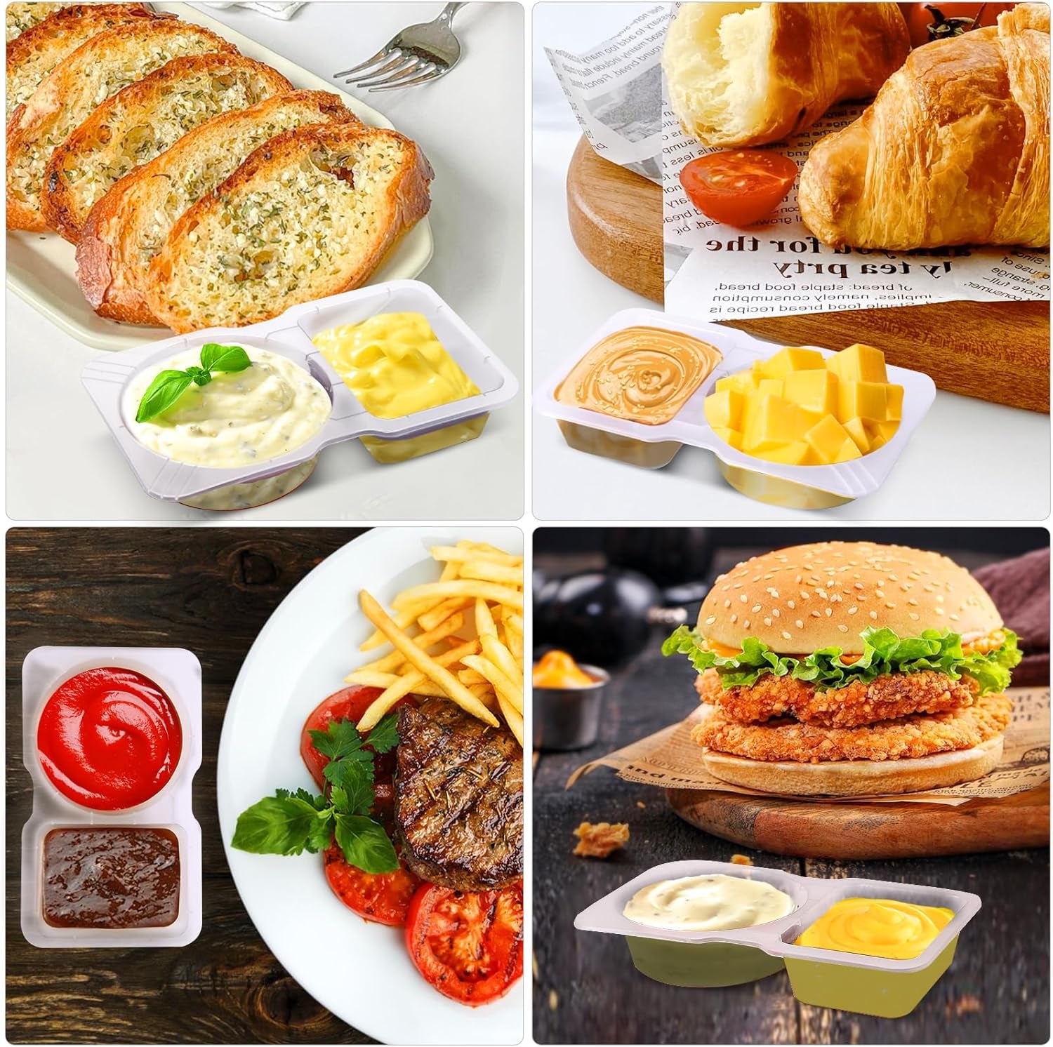 15 Sets Snack Containers, Reusable Double 2 Compartment Condiment with Lids for Sauces Dipping,Disposable and Ideal on the Go or Grab to Pack