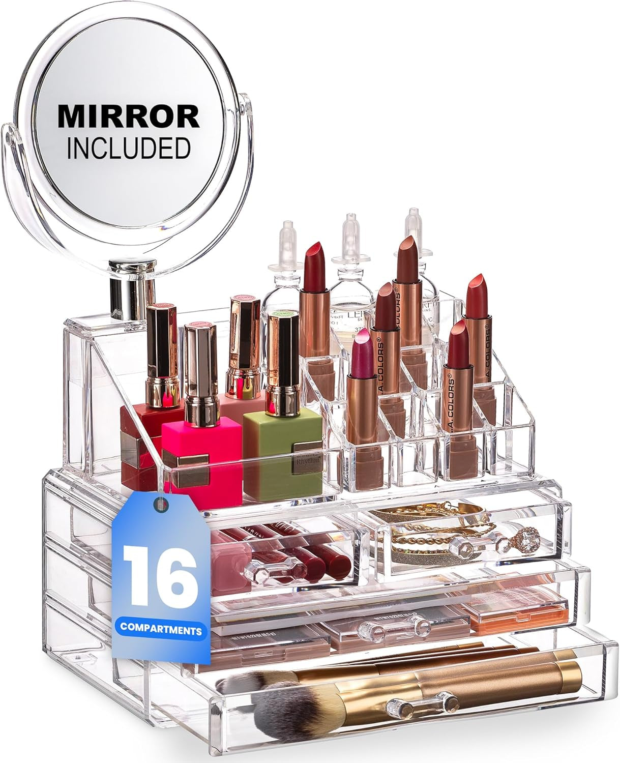 Clear Makeup Organizer - 16-Compartment Cosmetic and Jewelry Holder with 4 Drawers - Vanity Storage Box for Makeup, Skincare, Accessories, and Jewelry Display