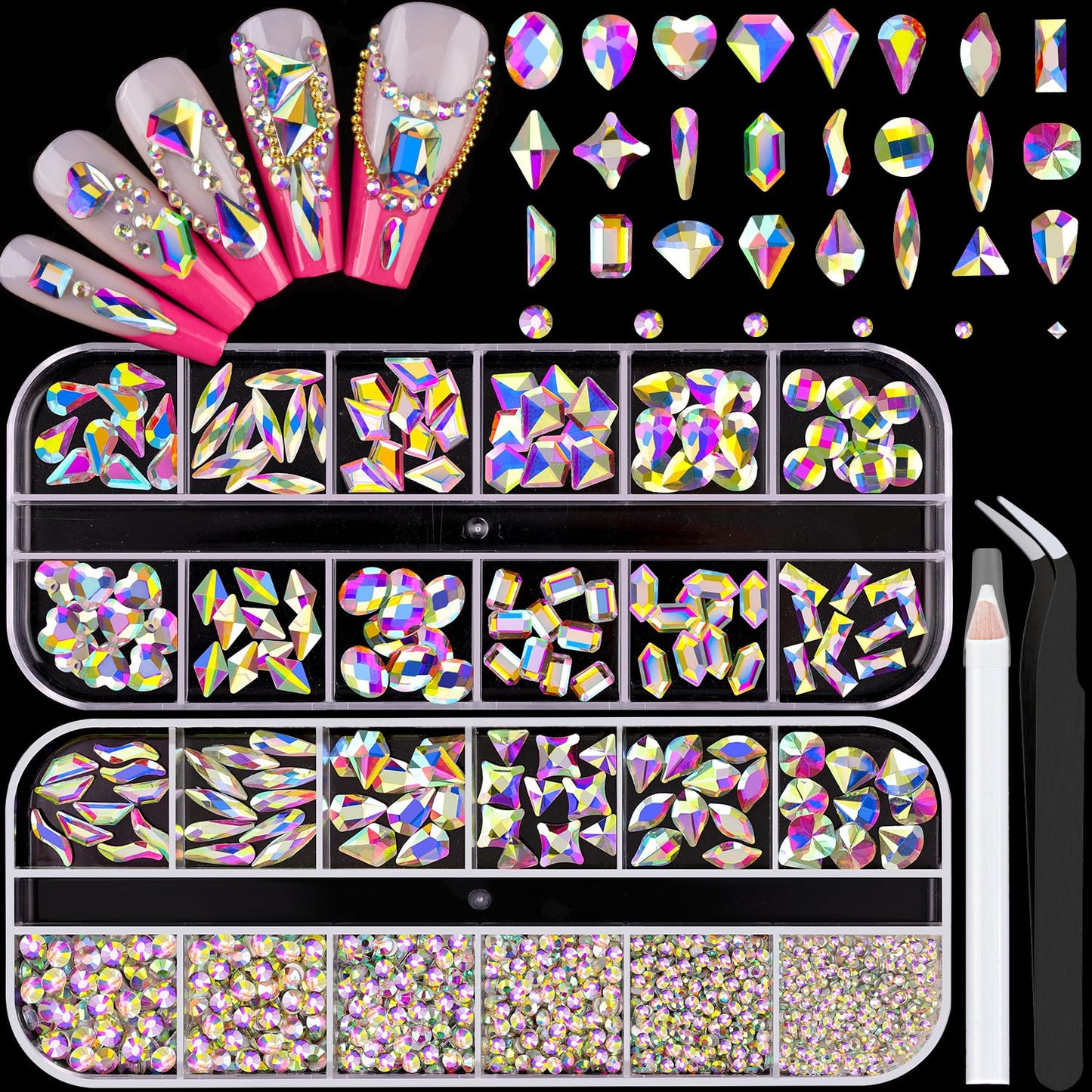 Nail Art Rhinestone Kit, 15Ml Rhinestone Gel Glue+Colorful Gems+Flatback Glass Crystal Ab&Clear Gemstones with Pickup Tools for Bedazzling Nail and Face Makeup