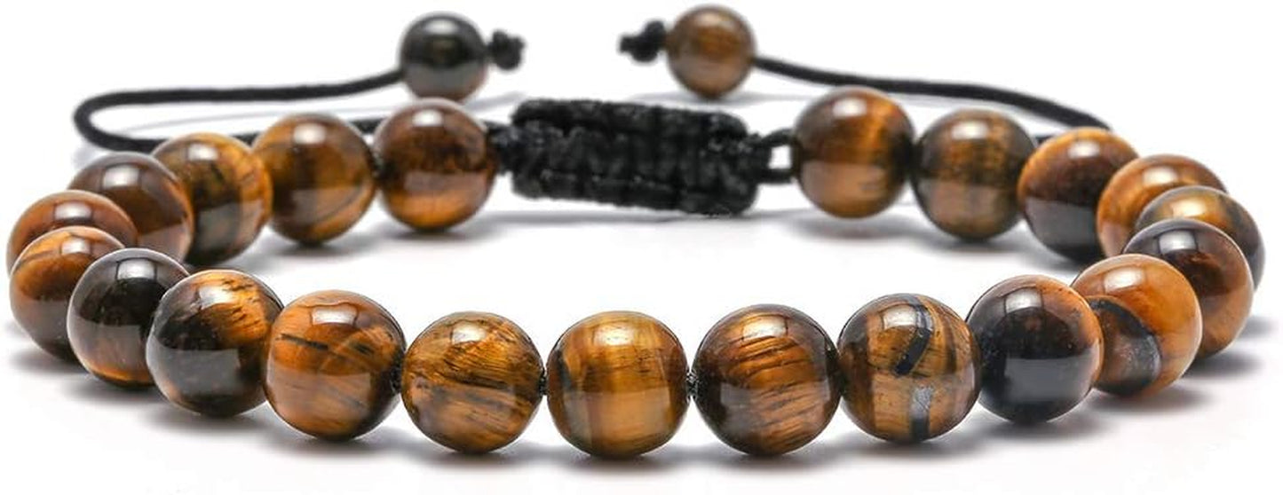 Fathers Day Gift Mens Bracelet - Beaded Natural Stone 8Mm Tiger Eye Matte Agate Lava Rock Bracelets for Men Teen Boys Grandpa Dad Birthday Gifts Jewelry