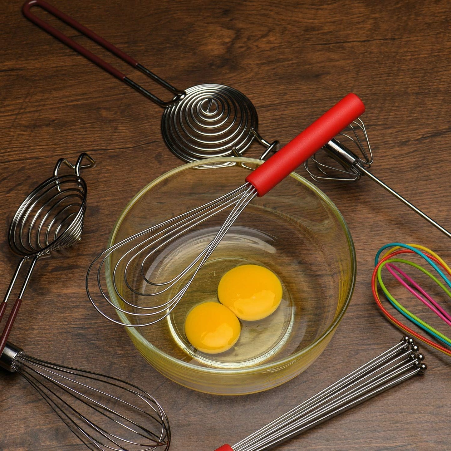 Flat Whisk Silicone Handle Non Slip 10" - 5 Wires Whisk with 10 Heads for Kitchen Cooking Color Red by