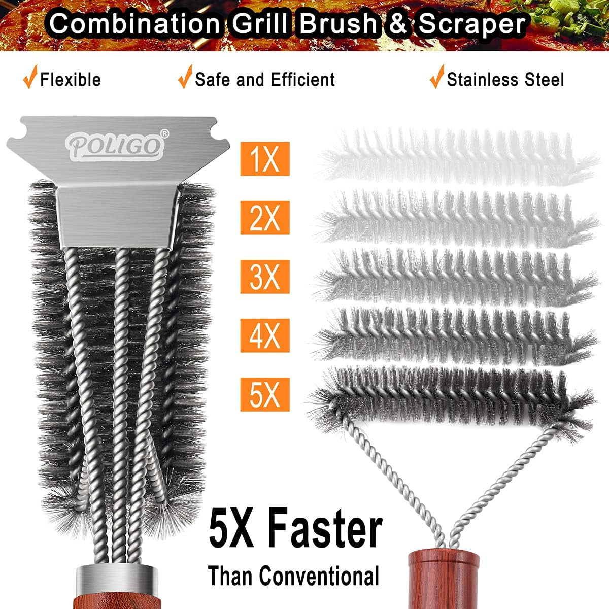BBQ Brush for Grill Cleaning Safe Grill Brush and Scraper with Deluxe Handle - 18" Grill Cleaner Brush Stainless Steel Bristle Grill Brush for Outdoor Grill Wizard Grate - Ideal Grilling Gifts