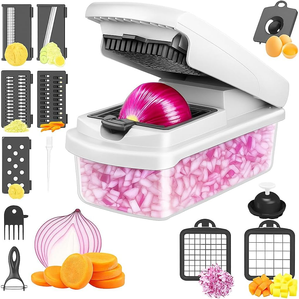15-In-1 Vegetable Chopper and Mandoline Slicer Set with Container - Multifunctional Vegetable Cutter and Chopper with Dicer Blades, Egg Separator & Spiralizer