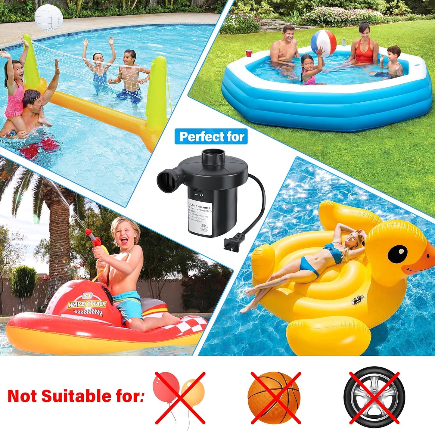 Electric Air Pump for Inflatables Air Mattress Pump Electric Pump with 3 Nozzles Inflator Deflator Air Pump for Air Mattress Beds Pool Floats Swimming Ring AC 130W