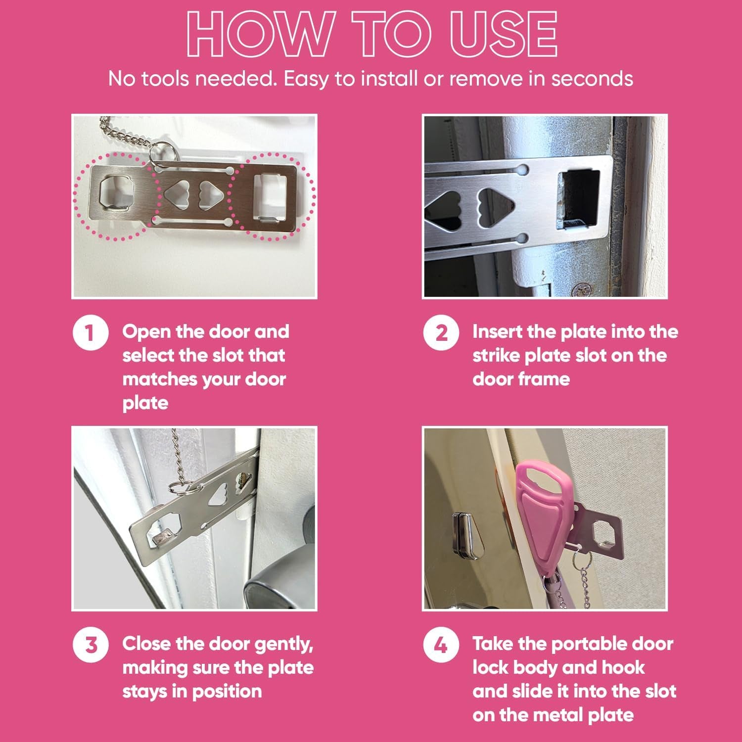 Portable Door Lock Extra Security Essential Safety & Privacy Travel Lockdown, Prevent Entry Stopper, Protect Family While Traveling Home Bedroom Hotel Apartment College (1 Pink)