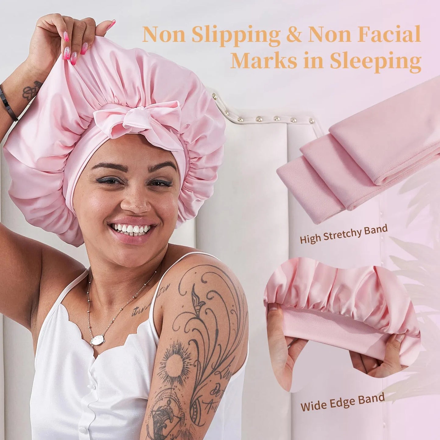 Silk Bonnet for Sleeping Women, Satin Hair Bonnet for Sleeping for Wavy Curly Natural Hair Women Men - Pink