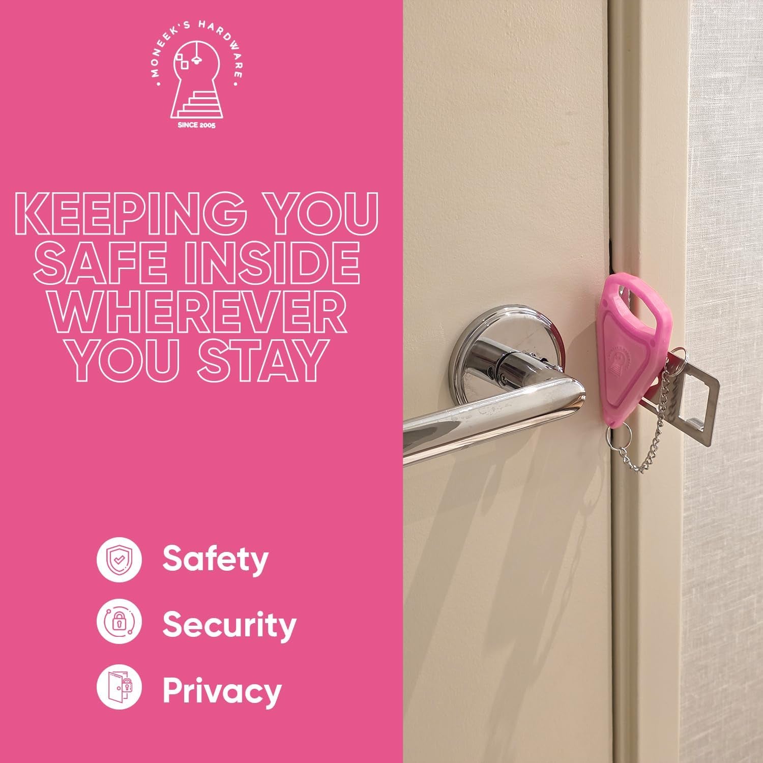 Portable Door Lock Extra Security Essential Safety & Privacy Travel Lockdown, Prevent Entry Stopper, Protect Family While Traveling Home Bedroom Hotel Apartment College (1 Pink)
