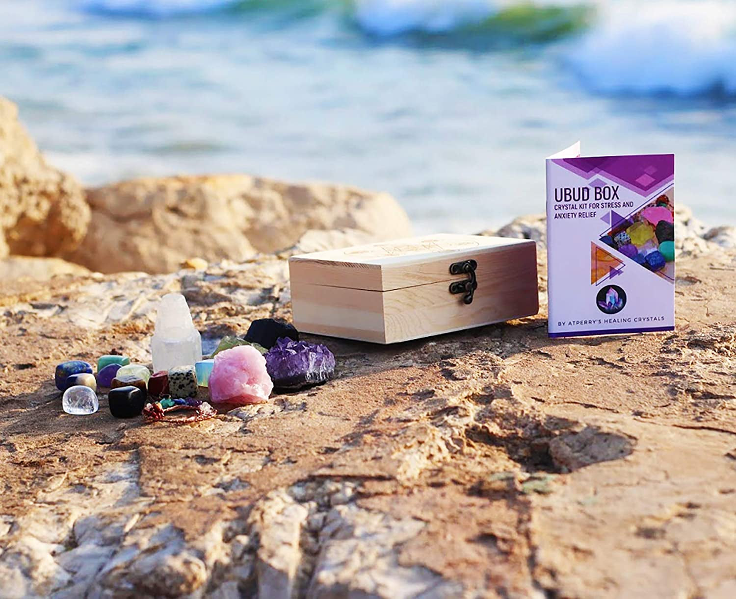 Healing Crystals Set - 16 Real Chakra Crystals & Stones for Stress & Anxiety Relief, Wooden Gift Box + Tree of Life Necklace + Guide Book, Selenite Amethyst Rose Quartz - Gift for Women