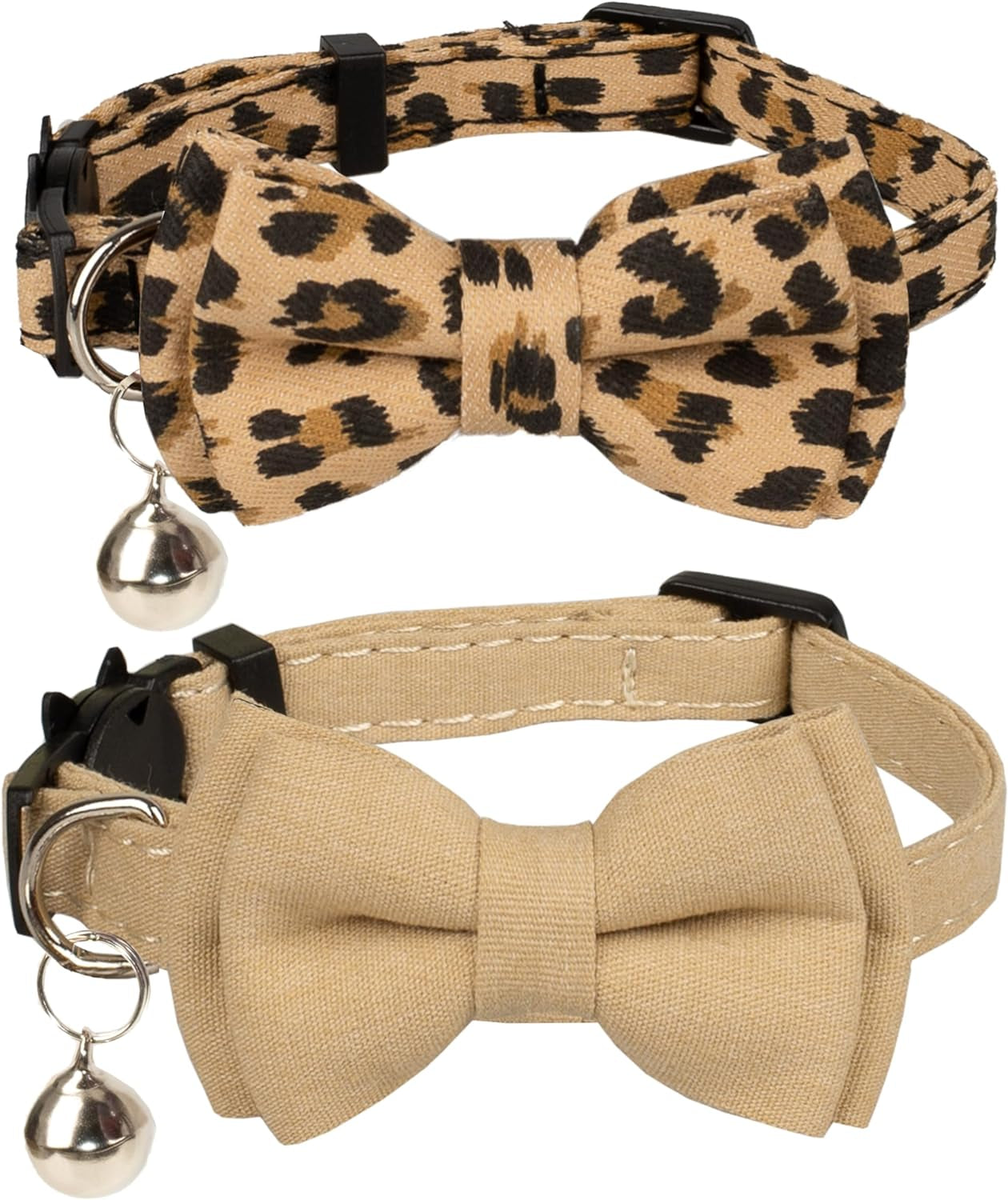 Collar for Cat Pet Breakaway with Bell Bowtie Detachable Bow Adjustable Safety Kitten Puppy Girl Boy 2Pcs Pink Leopard & Pure