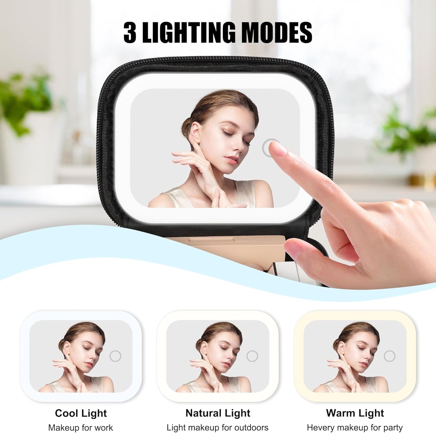 Mini Makeup Bag with Led Mirror, Small Cosmetic Bag with 3 Light Modes, Rechargeable Portable Makeup Pouch with Hands-Free Wrist Strap for Pool Parties丨Work Touch-Ups丨Travel - Black