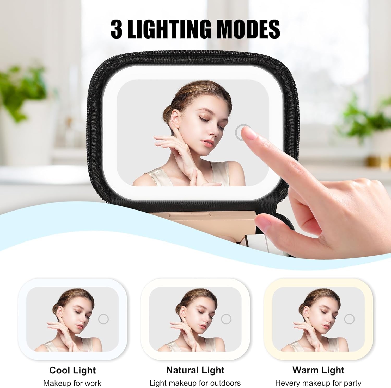Mini Makeup Bag with Led Mirror, Small Cosmetic Bag with 3 Light Modes, Rechargeable Portable Makeup Pouch with Hands-Free Wrist Strap for Pool Parties丨Work Touch-Ups丨Travel - Black