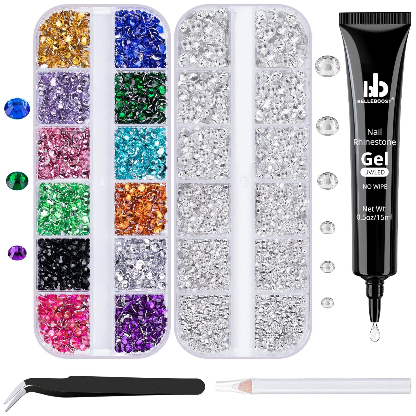 Nail Art Rhinestone Kit, 15Ml Rhinestone Gel Glue+Colorful Gems+Flatback Glass Crystal Ab&Clear Gemstones with Pickup Tools for Bedazzling Nail and Face Makeup