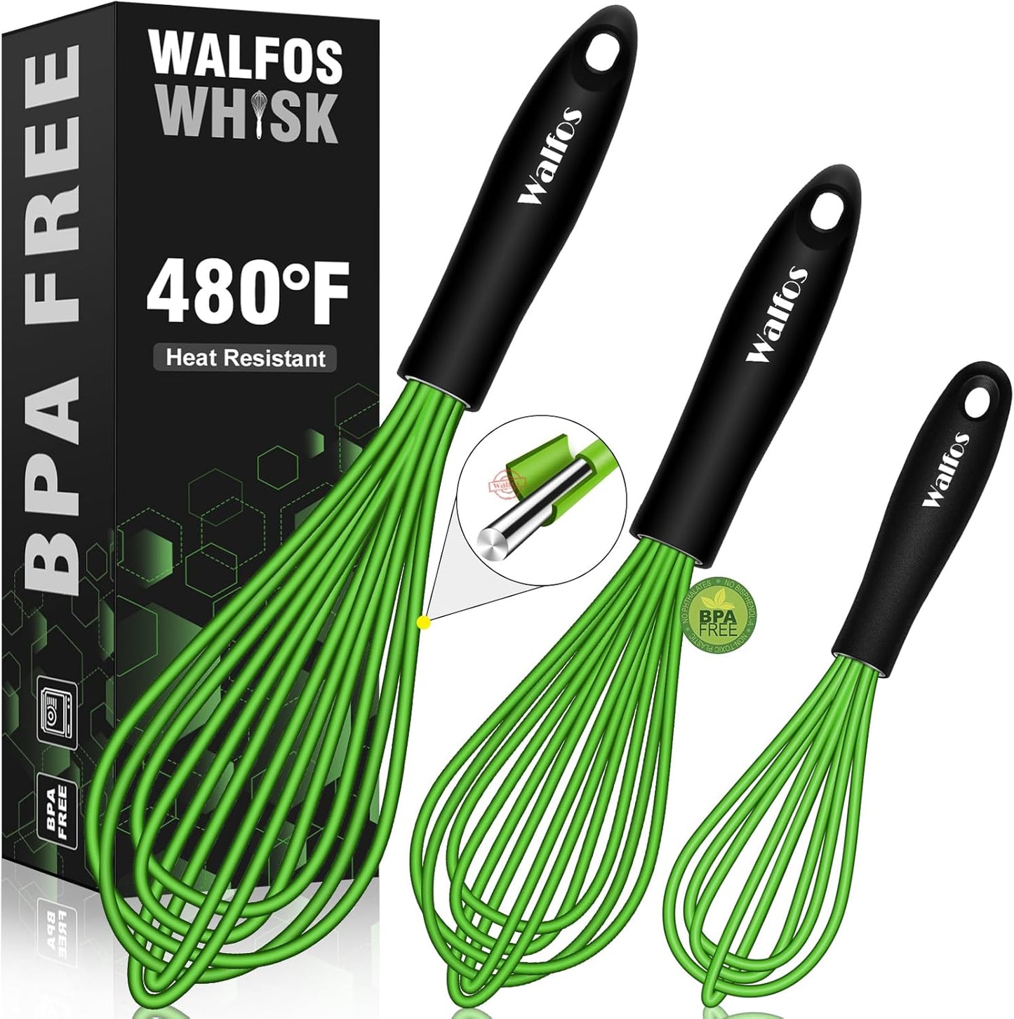 Silicone Whisk,Stainless Steel Wire Whisk Set of 3 -Heat Resistant 480°F Kitchen Whisks for Non-Stick Cookware,Balloon Egg Beater Perfect for Blending,Whisking,Beating,Frothing & Stirring,Black