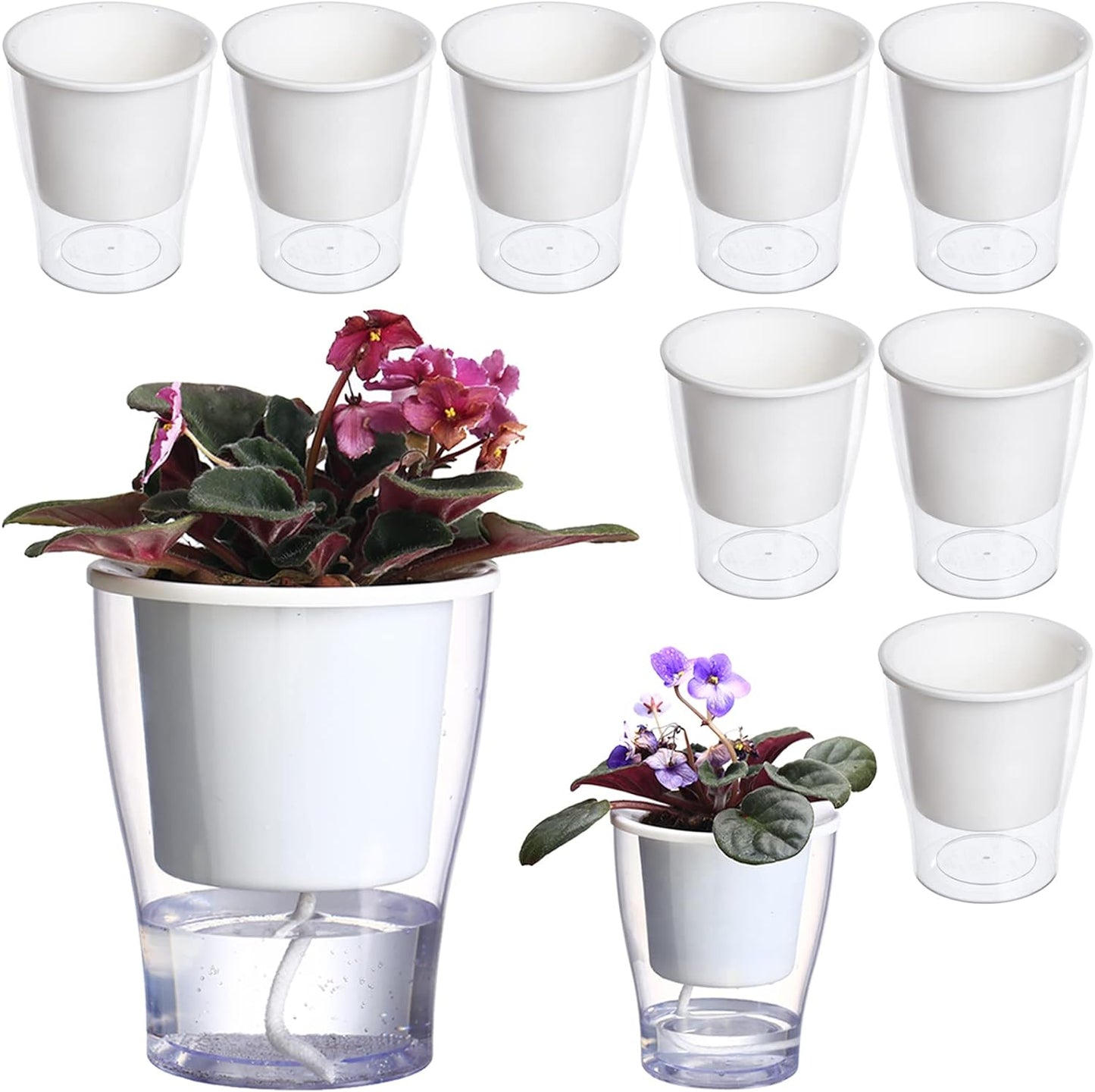 3 Packs 7" Large Clear Self-Watering Planters African Violet Pots Plastic Plant Pots Wicking Flower Pots for Indoor Plants, Herbs, African Violet, Ocean Spider Plant, Orchid Pot, Clear and White