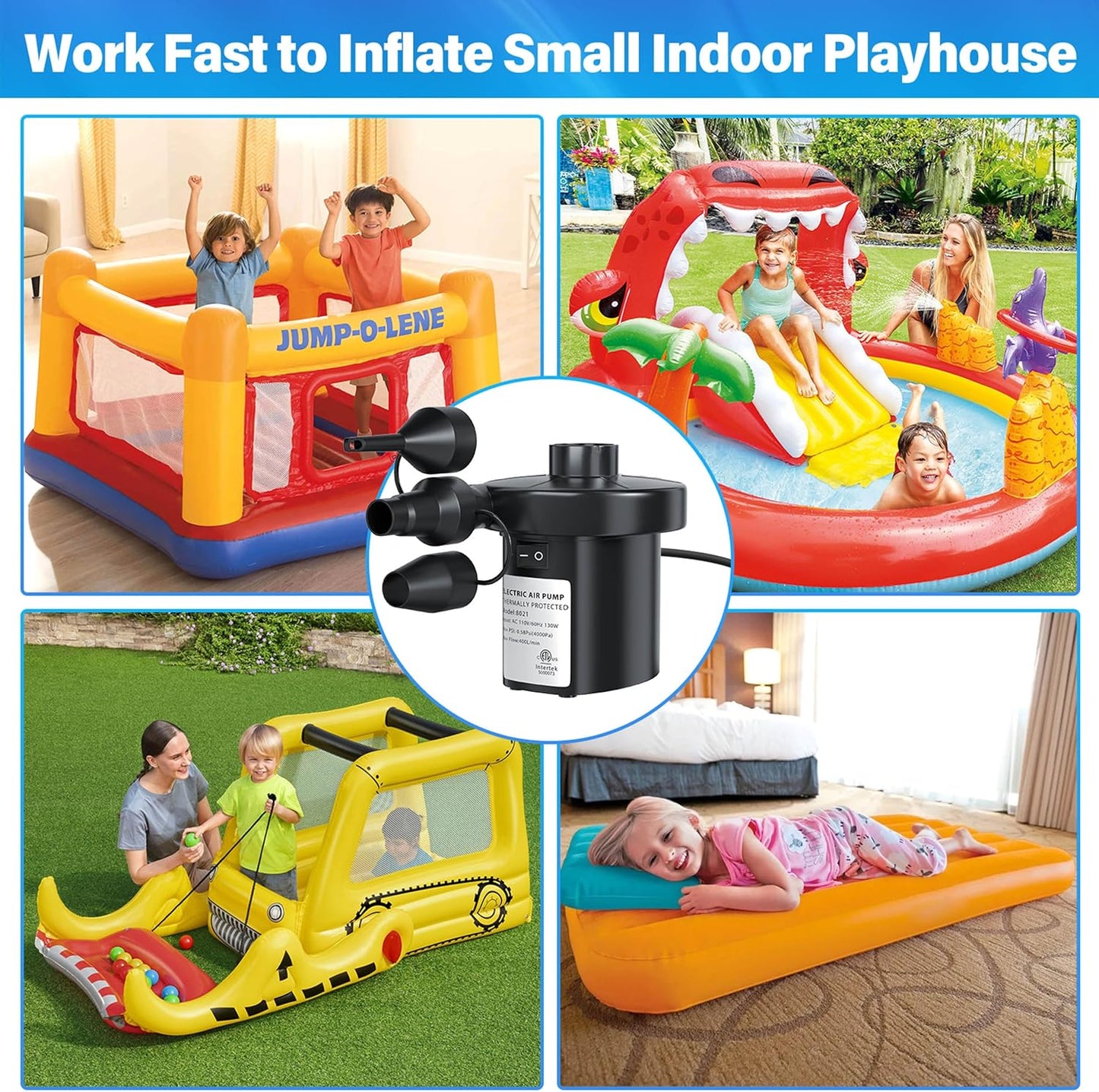 Electric Air Pump for Inflatables Air Mattress Pump Electric Pump with 3 Nozzles Inflator Deflator Air Pump for Air Mattress Beds Pool Floats Swimming Ring AC 130W