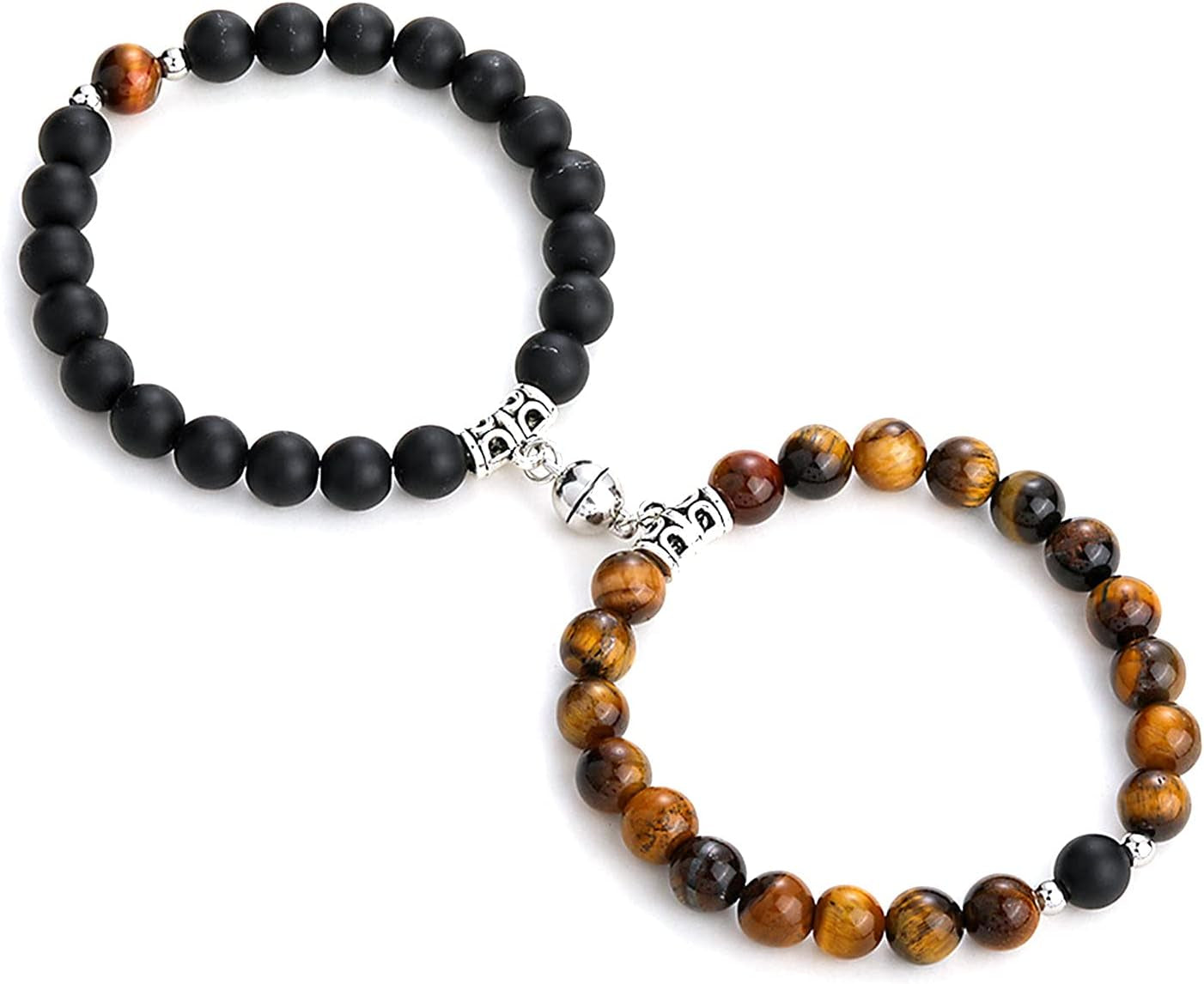 2Pcs Natural Stone Chakra Tiger Eye Beads Bracelet Couples Matching Frosted Stone Bracelet for Women Men Best Friend Lovers Friendship Unisex Jewelry Gift