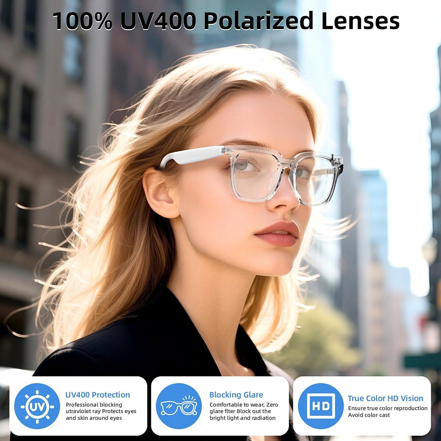 Smart Glasses, Bluetooth Glasses for Men Women, UV Protection, Real Time Translation with 144+Languages, AI Glasses with Chat GPT Bluetooth 5.4 for Meeting Daily Use Travel Business