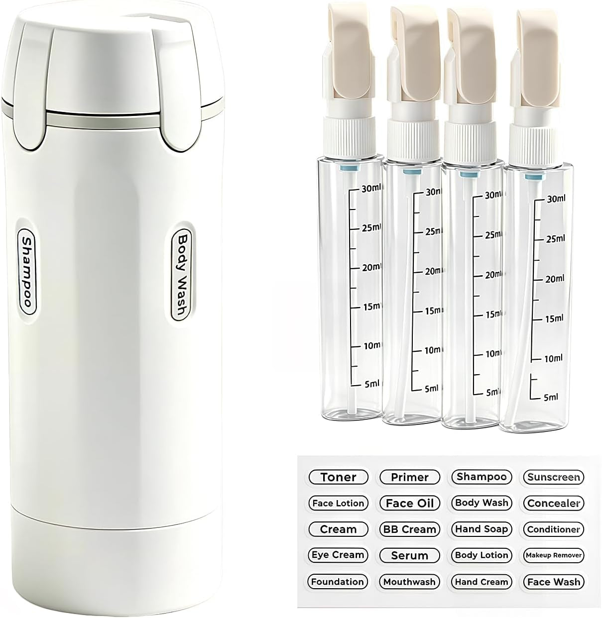 4 in 1 Travel Dispenser Bottle, Leakproof Rotatable Travel Pump Bottles for Toiletries, TSA Approved Hard Shell Liquid Containers (4X30Ml/1Oz), Essentials for Women & Men (White)