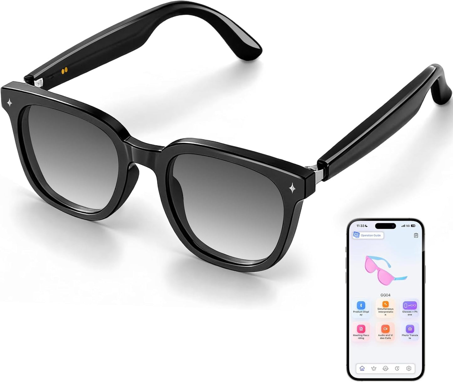 Smart Bluetooth Glasses for Men Women, Ai Smart Glasses with Open-Ear Audio, Voice Control, Real-Time Translation, Hands-Free Calls, Bluetooth Sunglasses for Daily Use, Travel