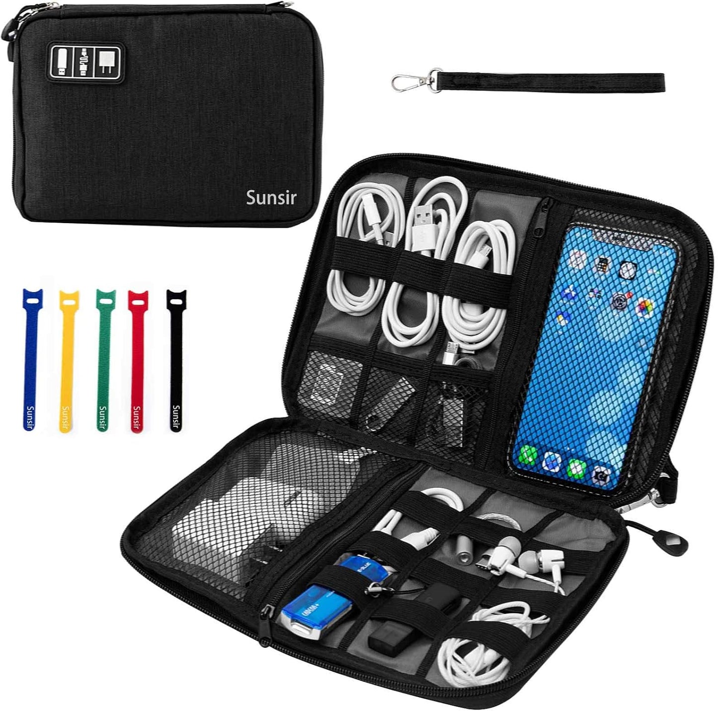 Travel Cable Organizer Bag Waterproof Portable Electronic Accessories Organizer for USB Cable Cord Phone Charger Headset Wire SD Card with 5Pcs Cable Ties(Blue)