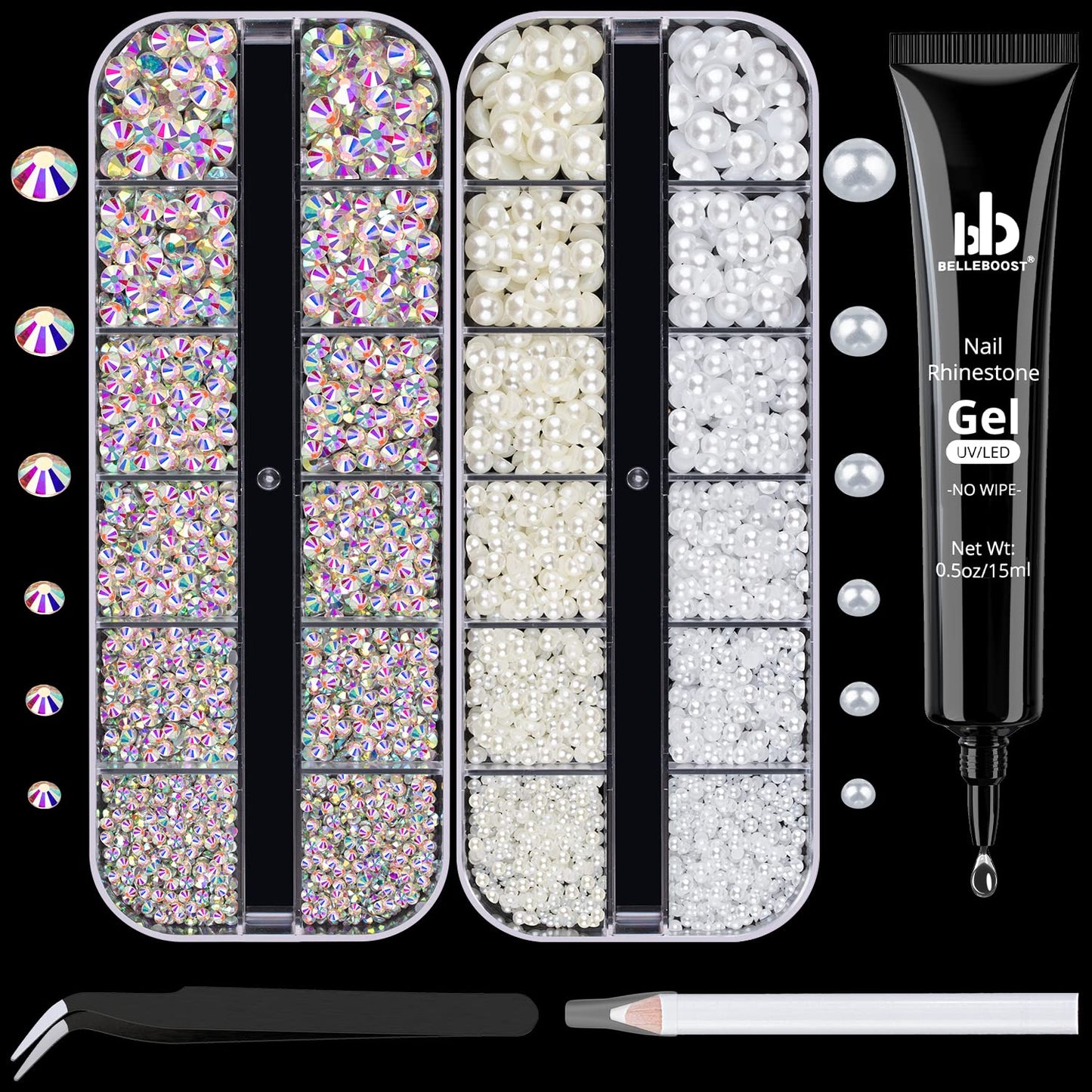 Nail Art Rhinestone Kit, 15Ml Rhinestone Gel Glue+Colorful Gems+Flatback Glass Crystal Ab&Clear Gemstones with Pickup Tools for Bedazzling Nail and Face Makeup