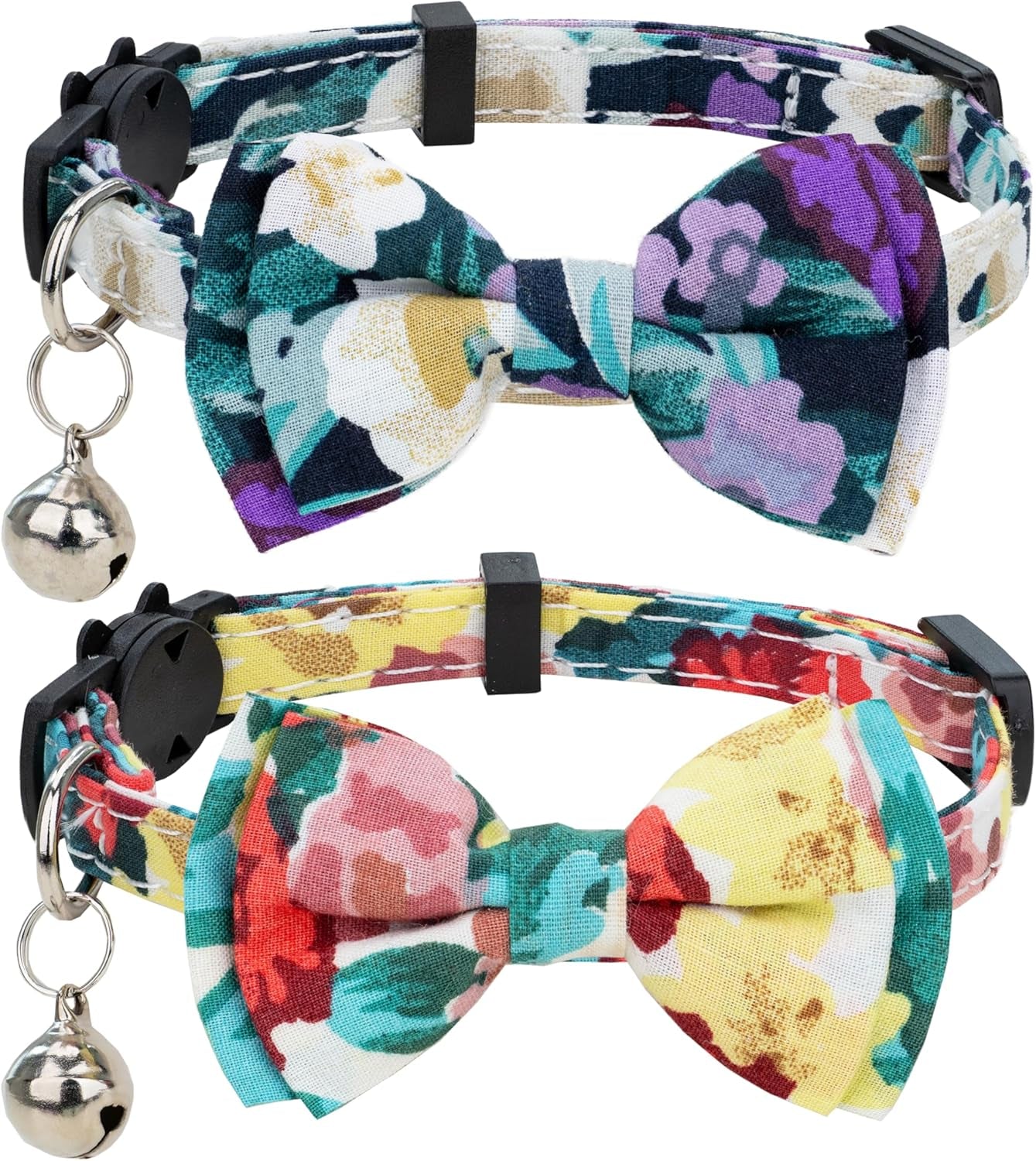 Collar for Cat Pet Breakaway with Bell Bowtie Detachable Bow Adjustable Safety Kitten Puppy Girl Boy 2Pcs Pink Leopard & Pure